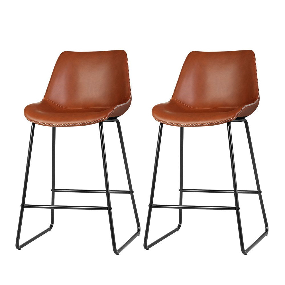 Table & Bar Stools: Artiss Bar Stools Kitchen Counter Barstools Leather Metal Chairs Brown x2