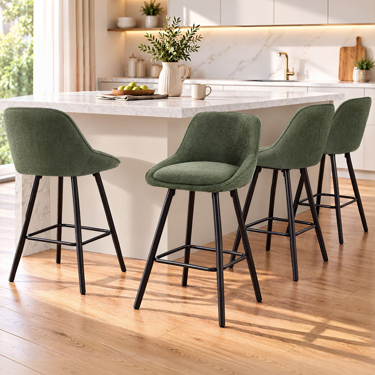 Artiss Bar Stools Set of 4 Linen Upholstered Counter Chairs with Back Padded Seat Green