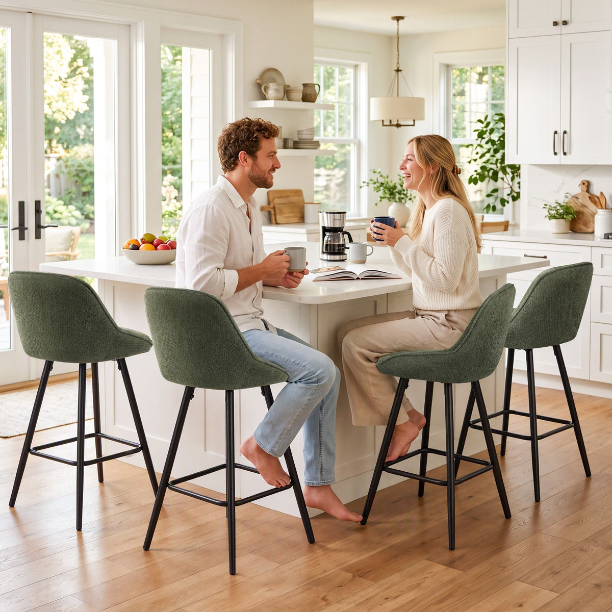Artiss Bar Stools Set of 4 Linen Upholstered Counter Chairs with Back Padded Seat Green