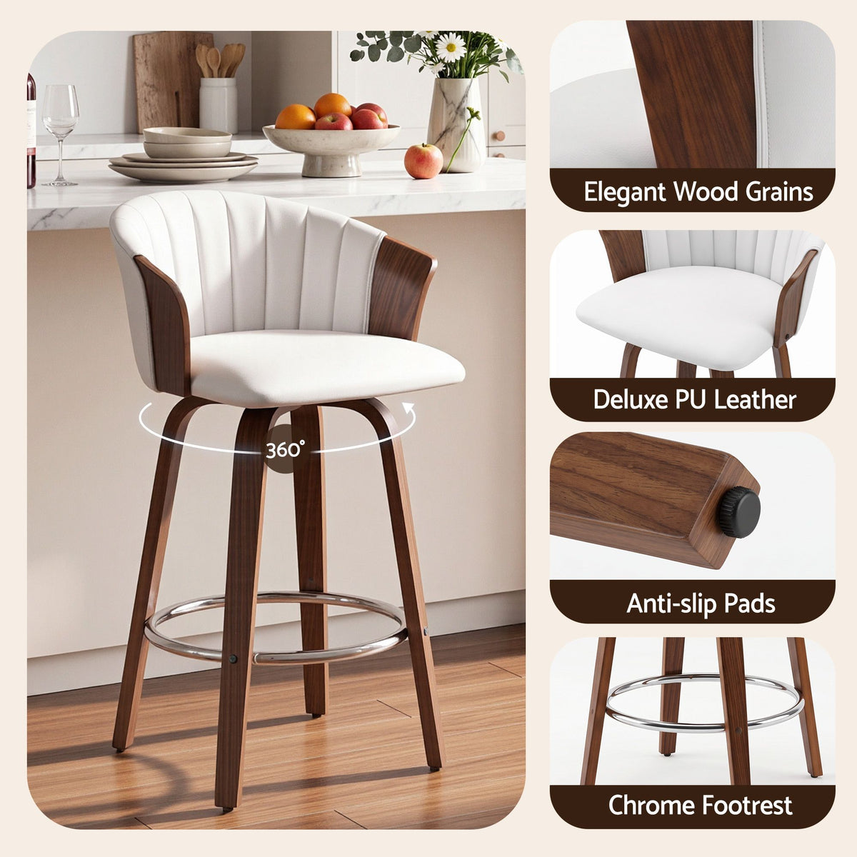 Artiss Wooden Bar Stools Set of 4 Swivel Kitchen Counter Stools Chair 66cm