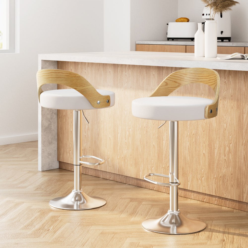 Table & Bar Stools: Artiss 2x Bar Stools Adjustable Leather Padded White