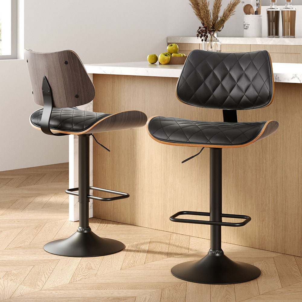 Table & Bar Stools: Artiss 2x Bar Stools Kitchen Dining Chairs Gas Lift Stool Wooden Leather Black