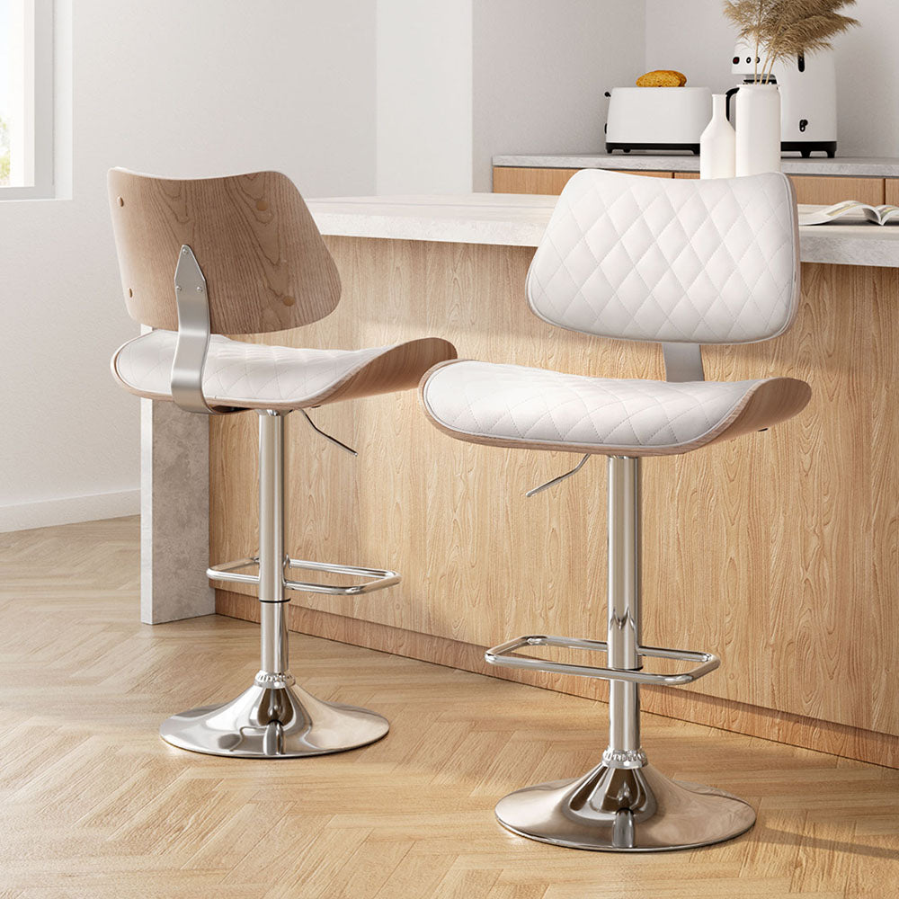 Table & Bar Stools: Artiss 2x Bar Stools Kitchen Dining Chairs Gas Lift Stool Wooden Leather White