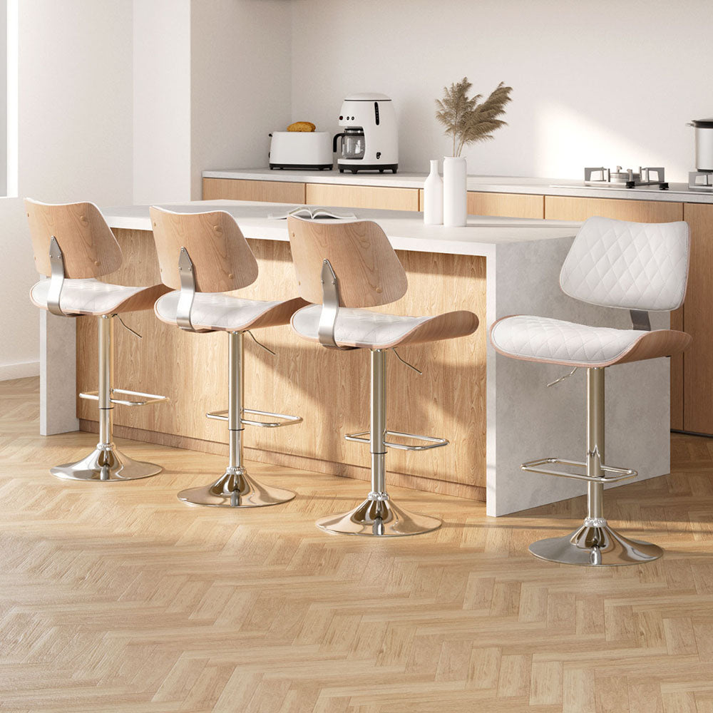 Table & Bar Stools: Artiss 4x Bar Stools Kitchen Dining Chairs Gas Lift Stool Wooden Leather White