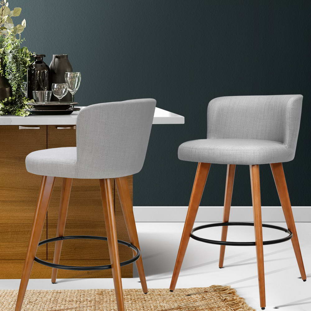 Table & Bar Stools: Artiss 2x Bar Stools Linen Padded Wooden Grey