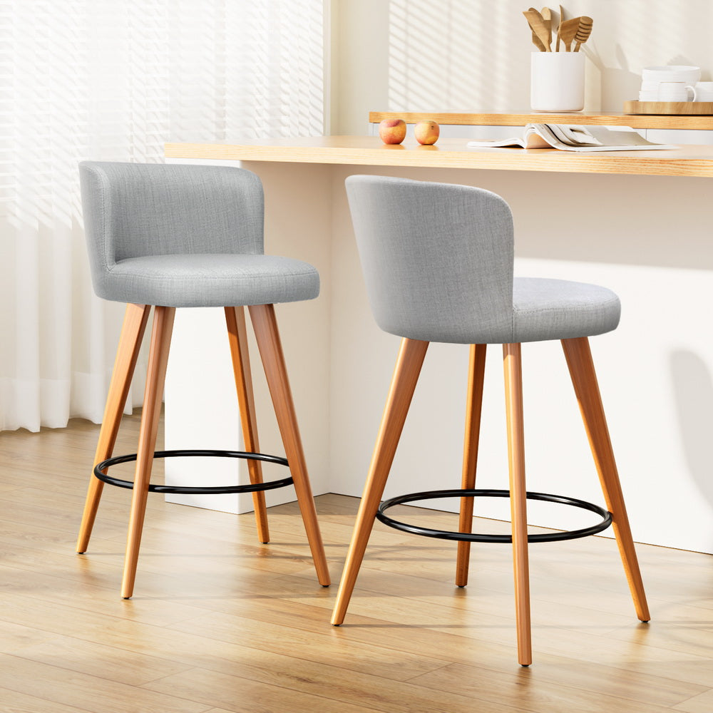 Table & Bar Stools: Artiss 2x Bar Stools Linen Padded Wooden Grey