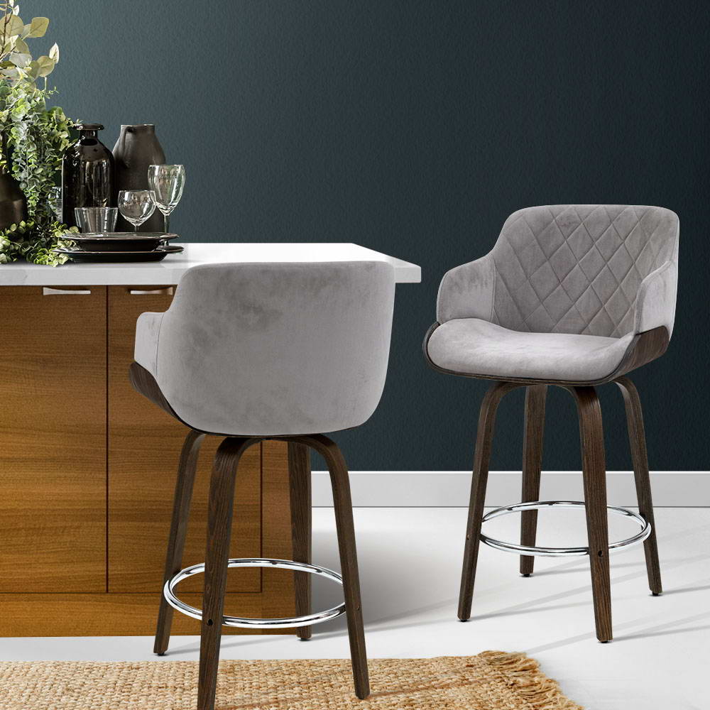 Table & Bar Stools: Artiss Bar Stools Swivel Velvet Padded Wooden