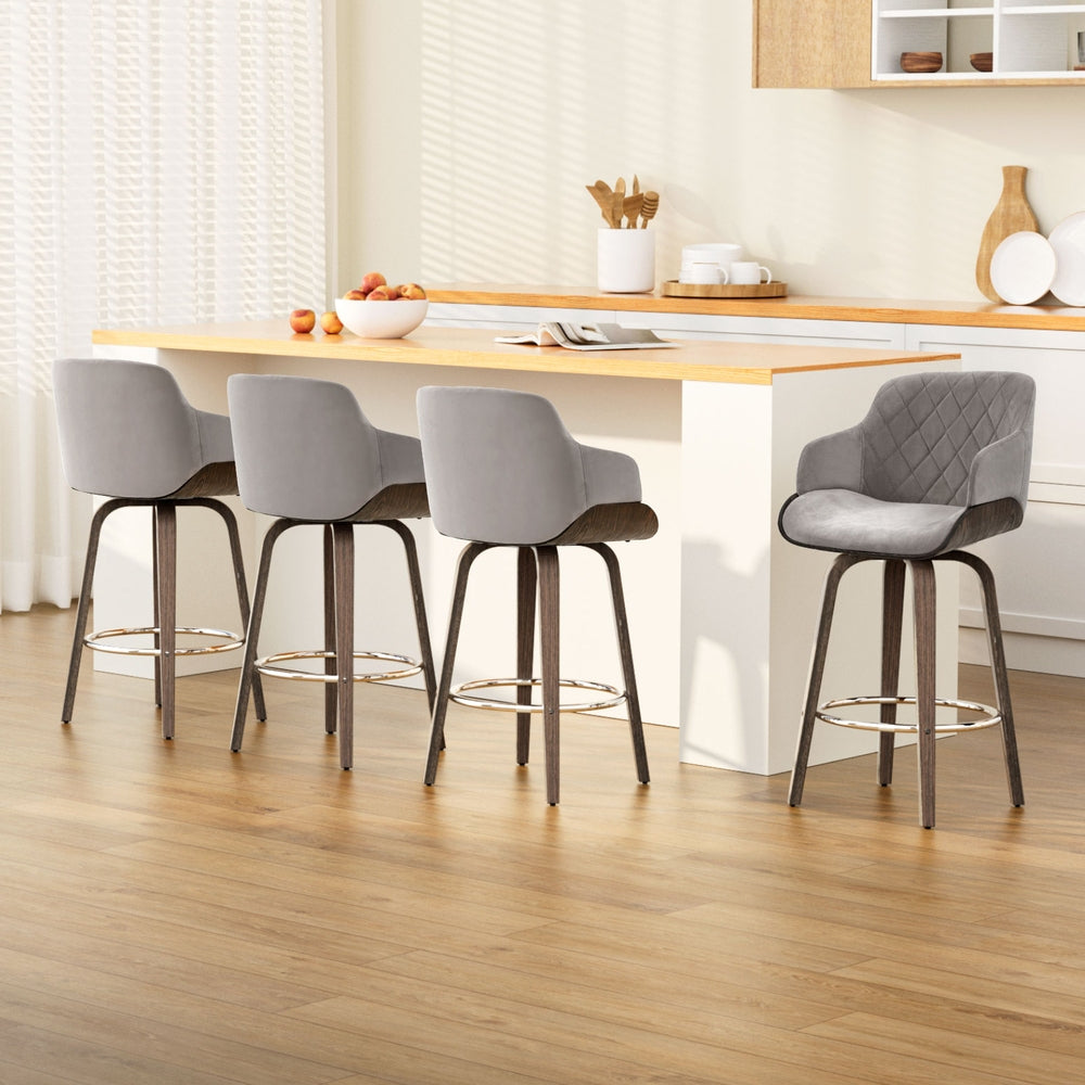 Table & Bar Stools: Artiss 4x Bar Stools Swivel Velvet Padded Wooden