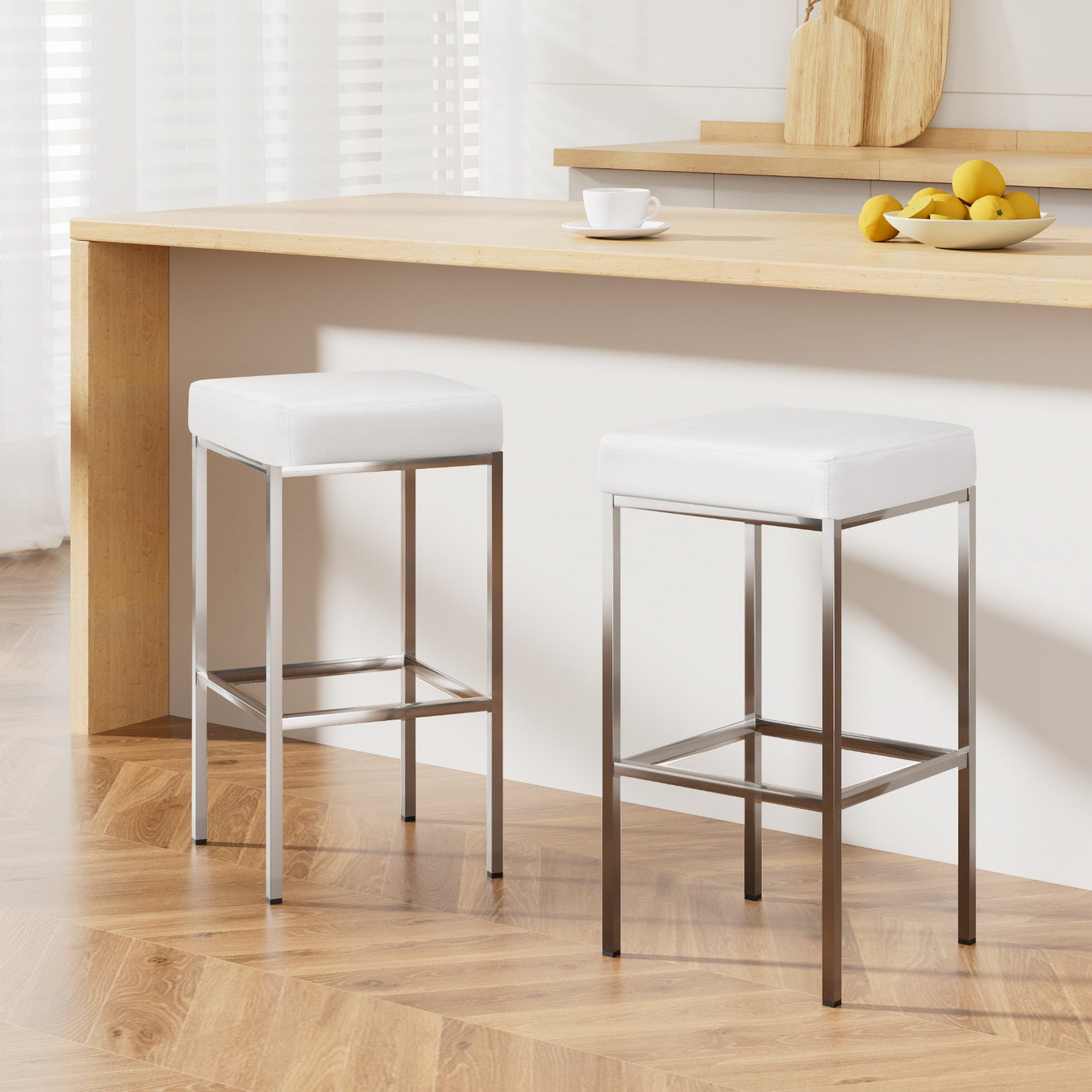 Table & Bar Stools: Artiss 2x Bar Stools Leather Padded Metal White