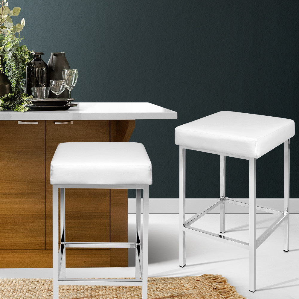 Table & Bar Stools: Artiss 2x Bar Stools Leather Padded Metal White