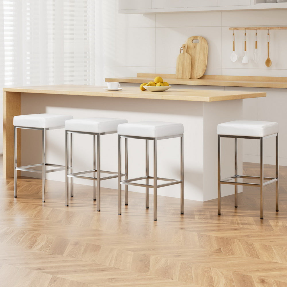 Table & Bar Stools: Artiss 4x Bar Stools Leather Padded Metal White