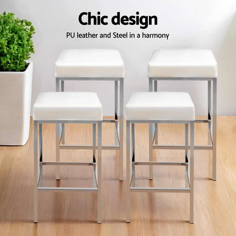 Table & Bar Stools: Artiss 4x Bar Stools Leather Padded Metal White