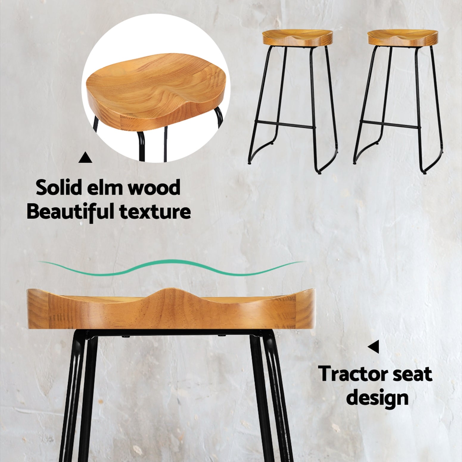 Table & Bar Stools: Artiss 2x Bar Stools Tractor Seat 75cm Wooden