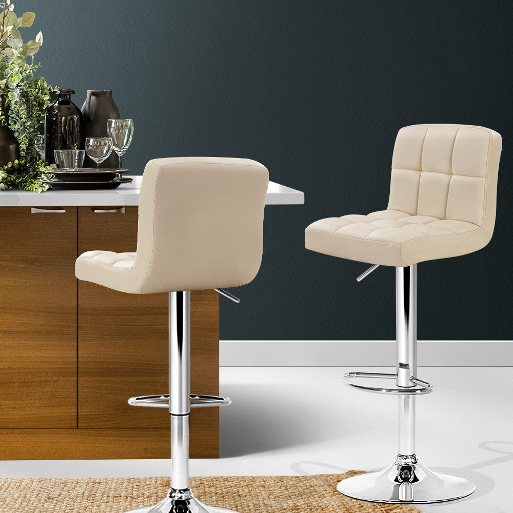 Table & Bar Stools: Artiss 2x Bar Stools Leather Gas Lift Beige