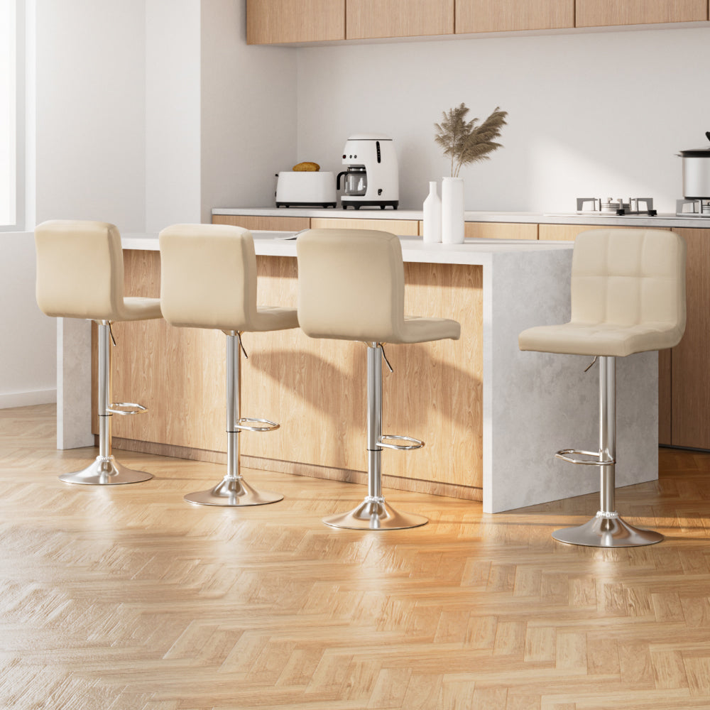 Table & Bar Stools: Artiss 4x Bar Stools Leather Gas Lift Beige