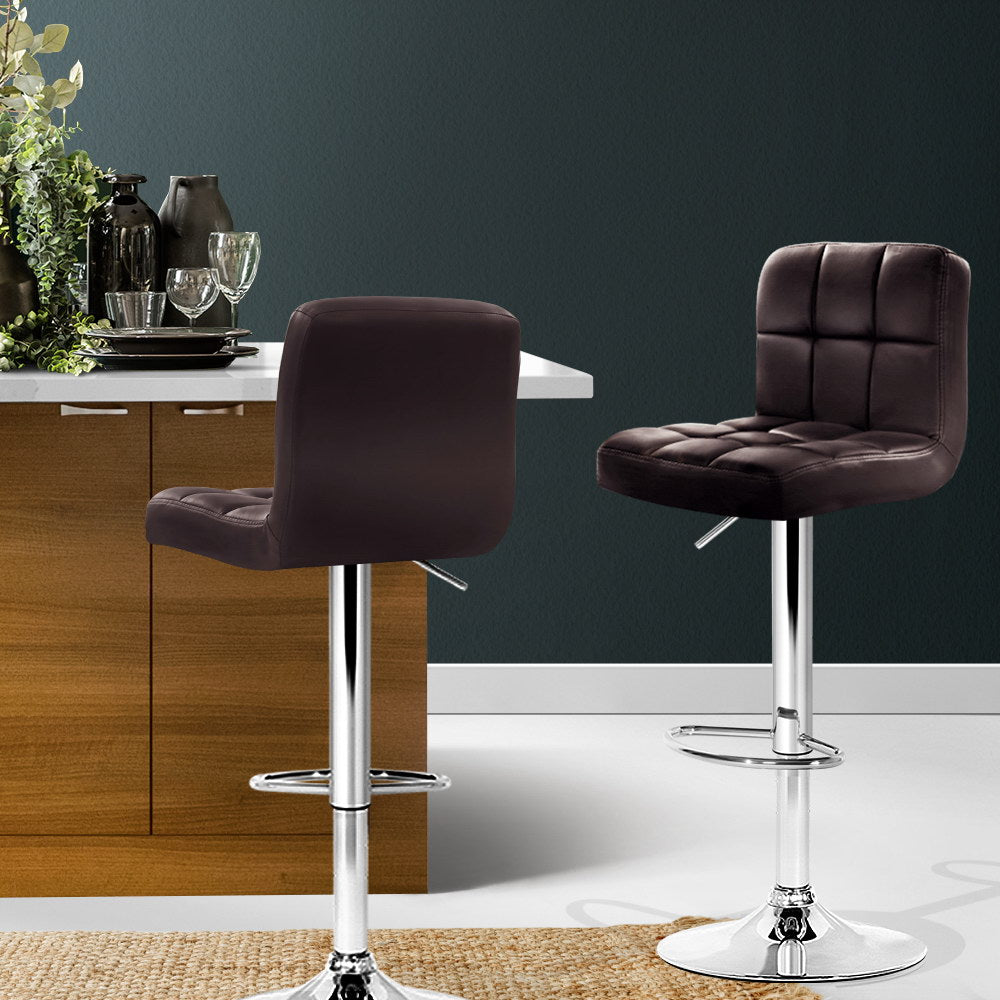 Table & Bar Stools: Artiss 2x Bar Stools Leather Gas Lift Brown