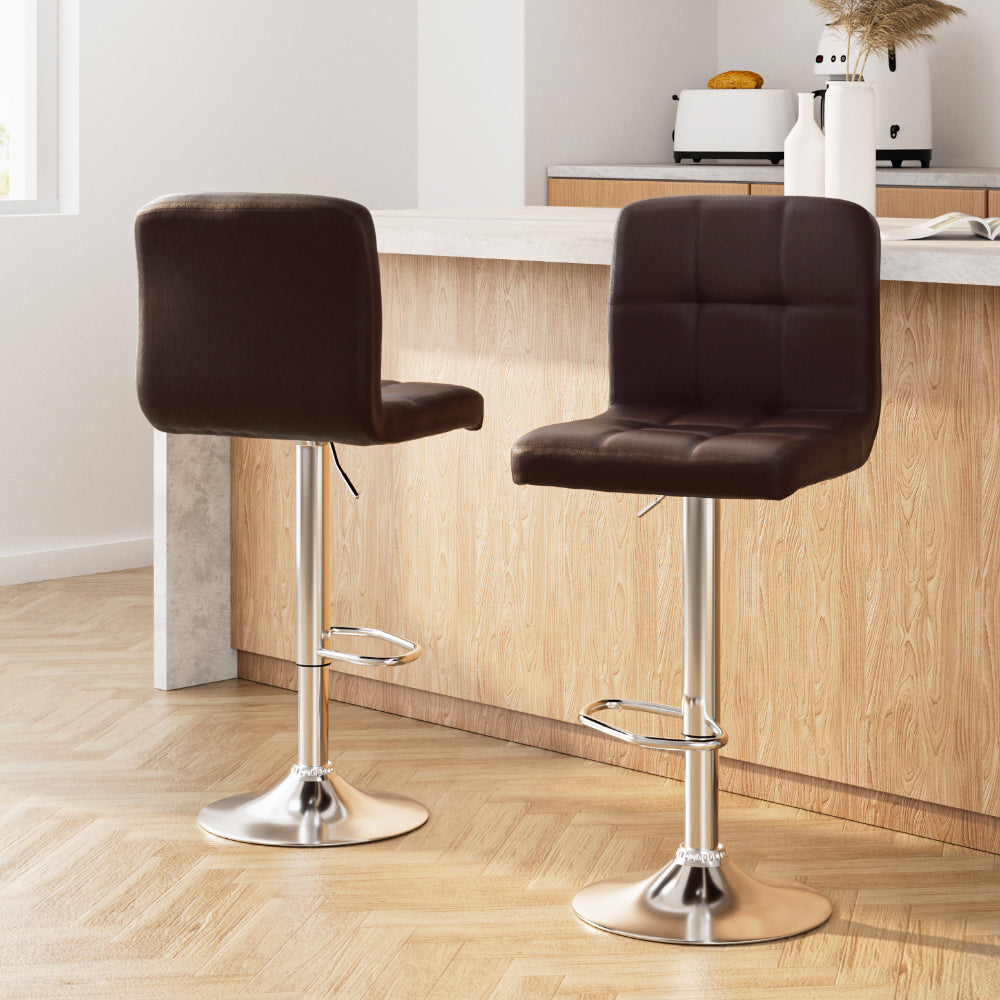 Table & Bar Stools: Artiss 2x Bar Stools Leather Gas Lift Brown