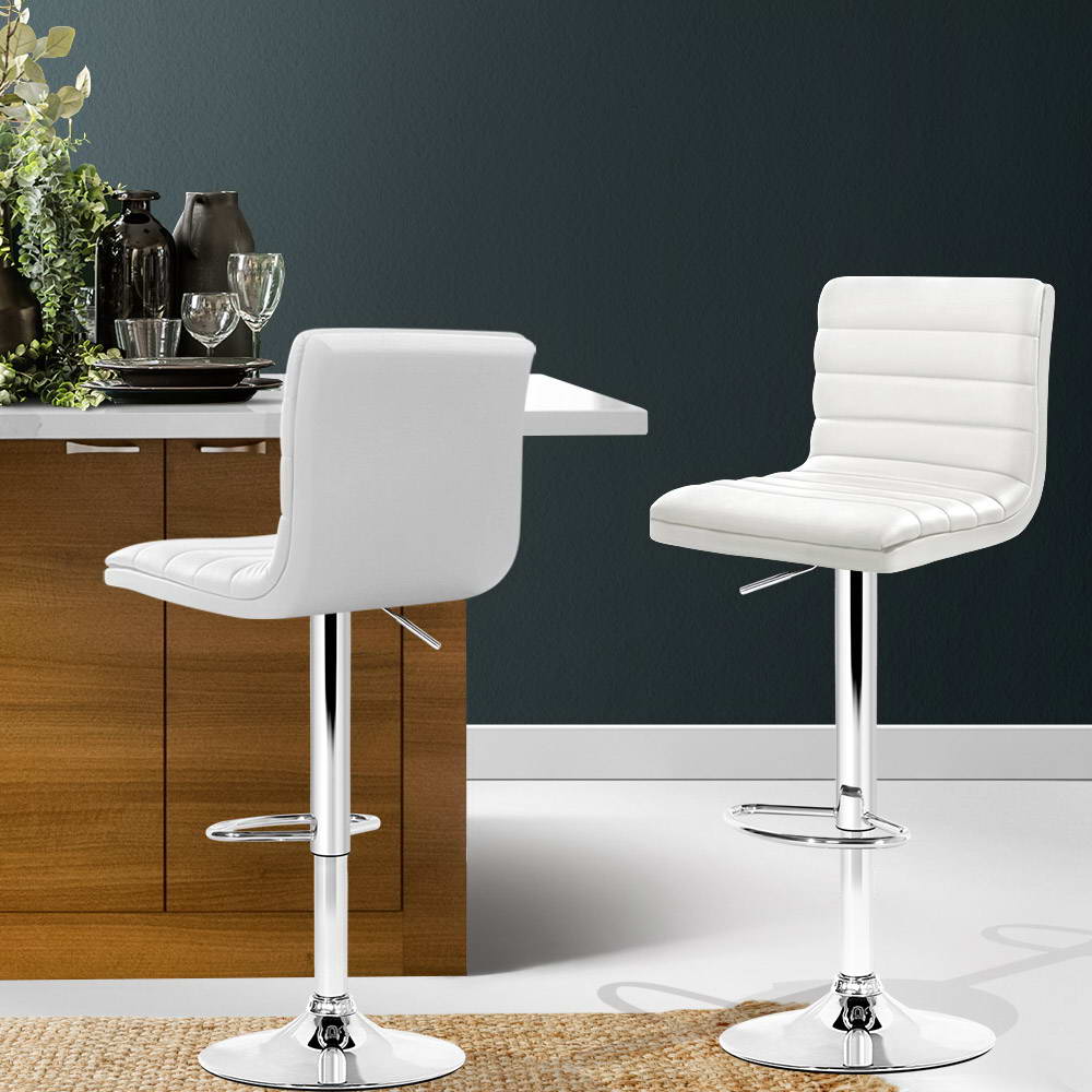 Table & Bar Stools: Artiss 2x Bar Stools Padded Leather Gas Lift White