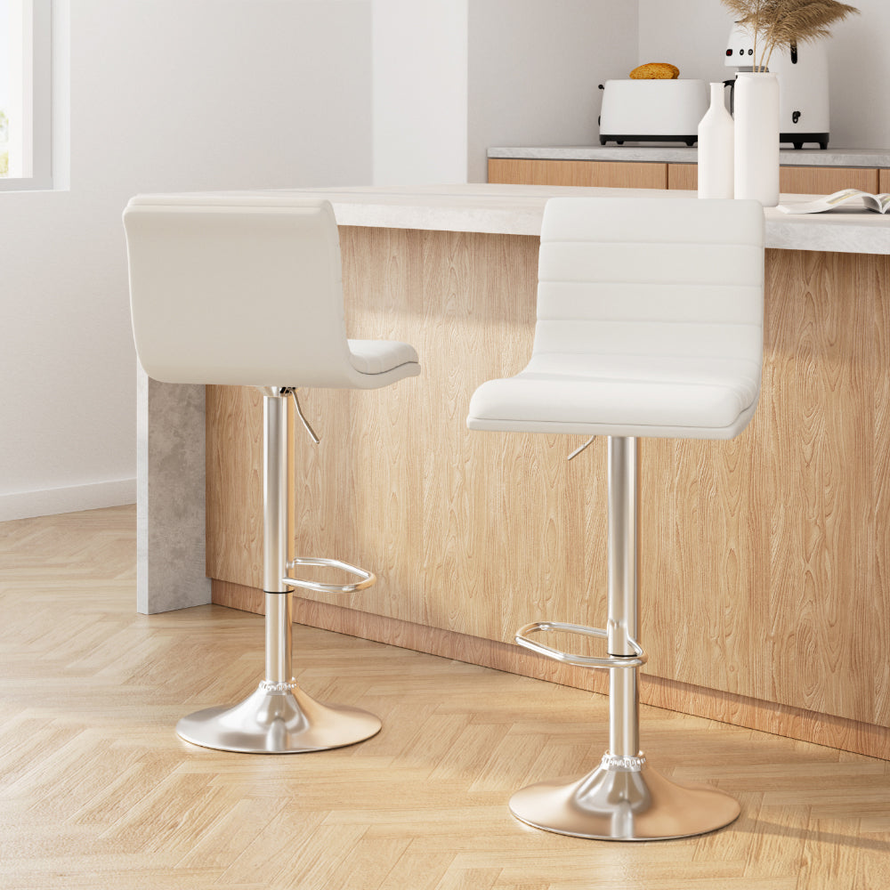 Table & Bar Stools: Artiss 2x Bar Stools Padded Leather Gas Lift White