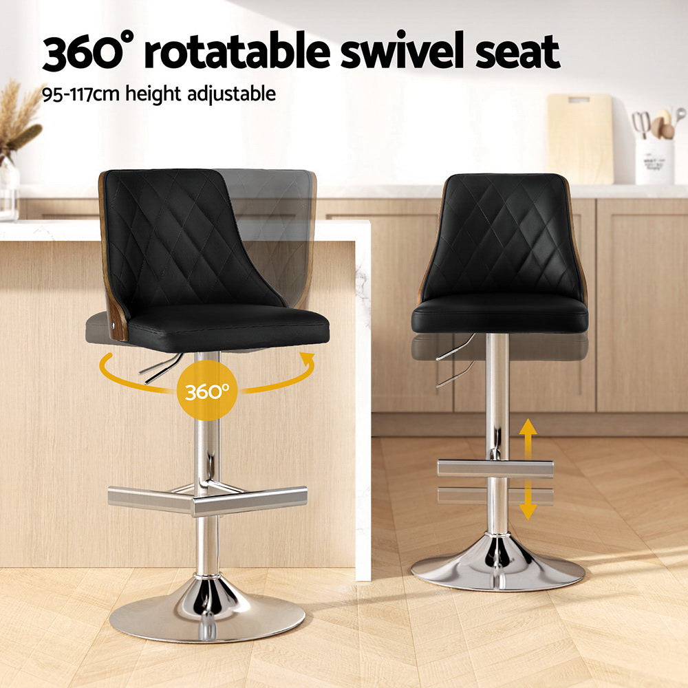 Table & Bar Stools: Artiss 2X Bar Stool Wood Swivel Adjustable Kitchen Counter Stool Leather Black