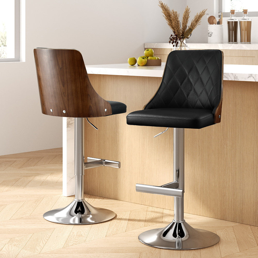 Table & Bar Stools: Artiss 2X Bar Stool Wood Swivel Adjustable Kitchen Counter Stool Leather Black