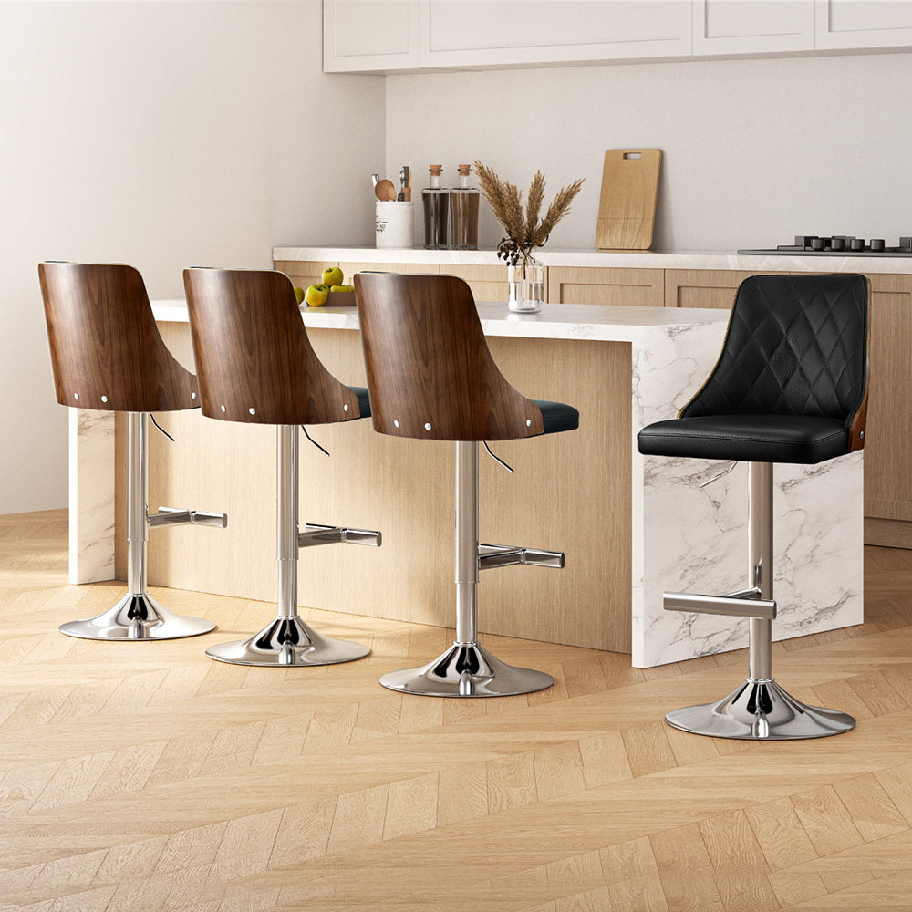 Table & Bar Stools: Artiss 4X Bar Stool Wood Swivel Adjustable Kitchen Counter Stool Leather Black