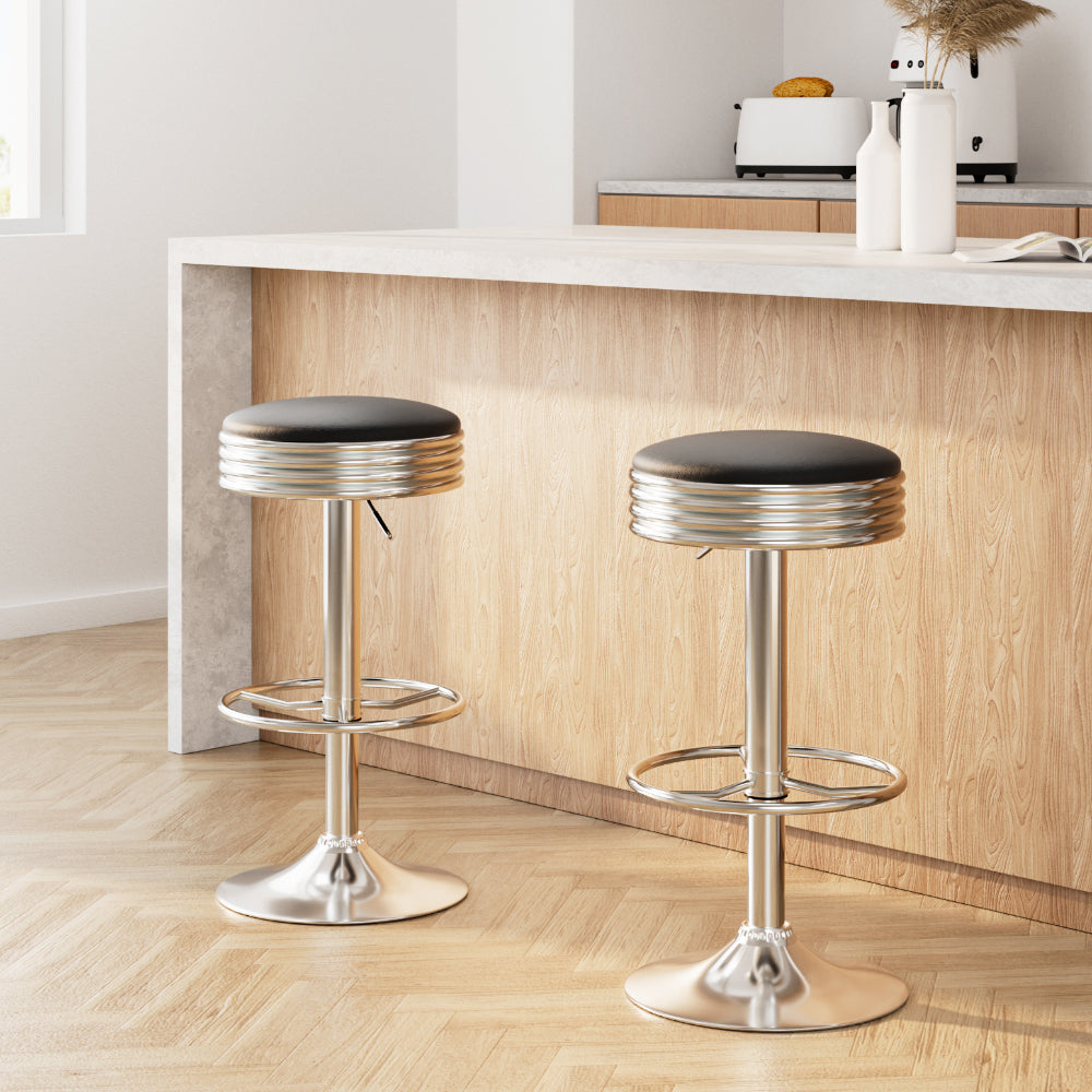 Table & Bar Stools: Artiss Set of 2 Backless PU Leather Bar Stools - Black and Chrome