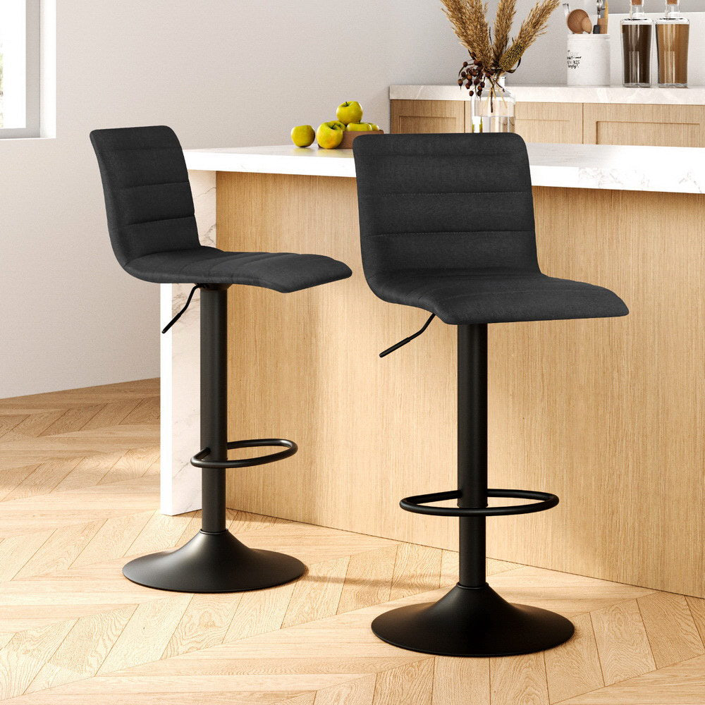 Table & Bar Stools: Artiss 2x Bar Stools Gas Lift Linen Fabric Black