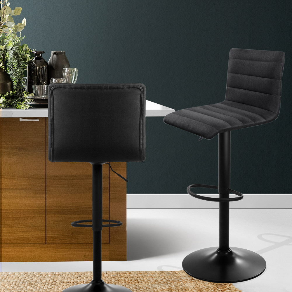 Table & Bar Stools: Artiss 2x Bar Stools Gas Lift Linen Fabric Black