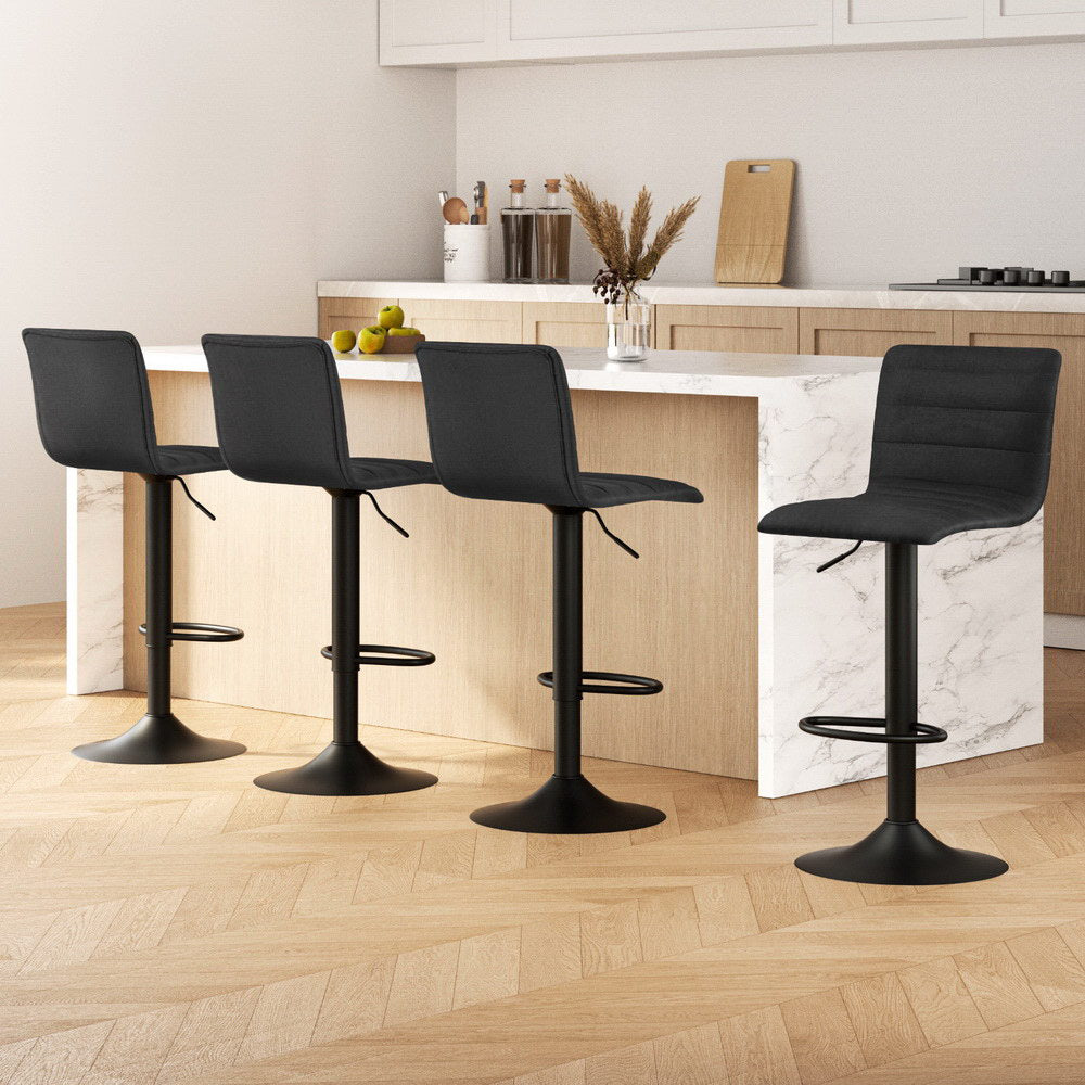 Table & Bar Stools: Artiss 4x Bar Stools Gas Lift Linen Fabric Black