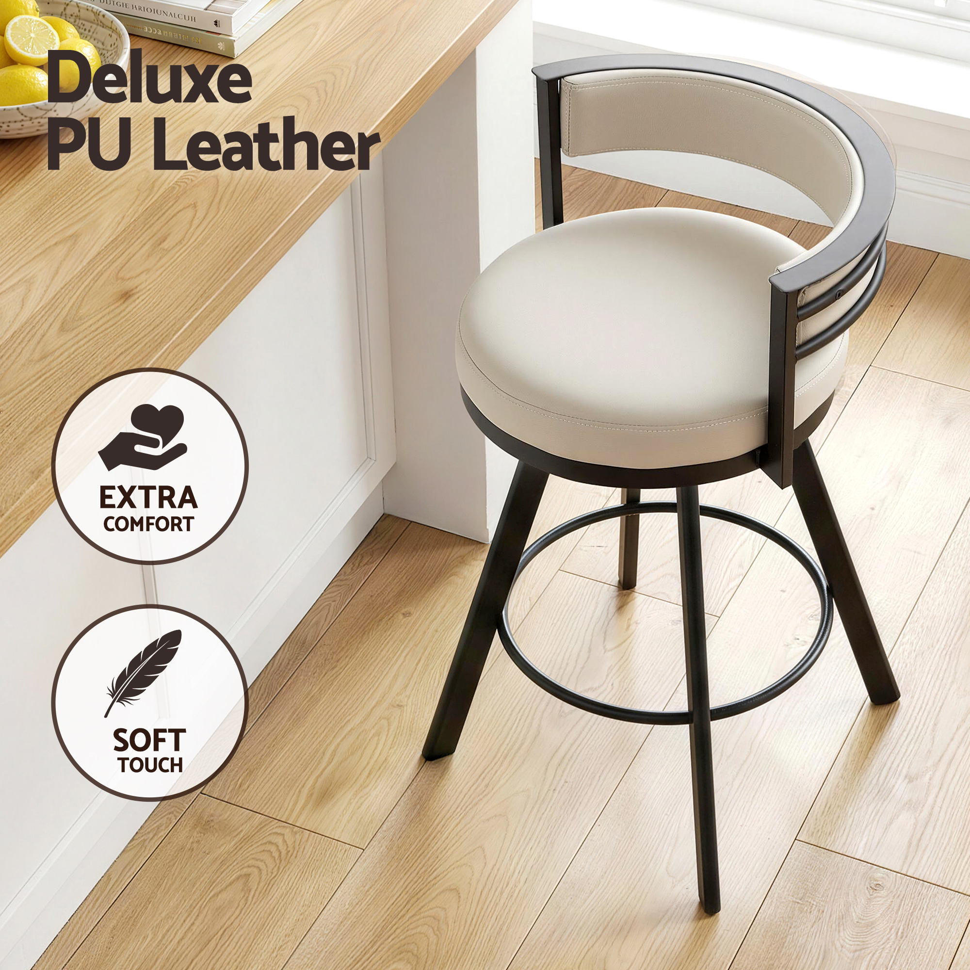 Artiss Bar Stools Set of 2 Swivel Kitchen Chair Metal Counter Beige Leather