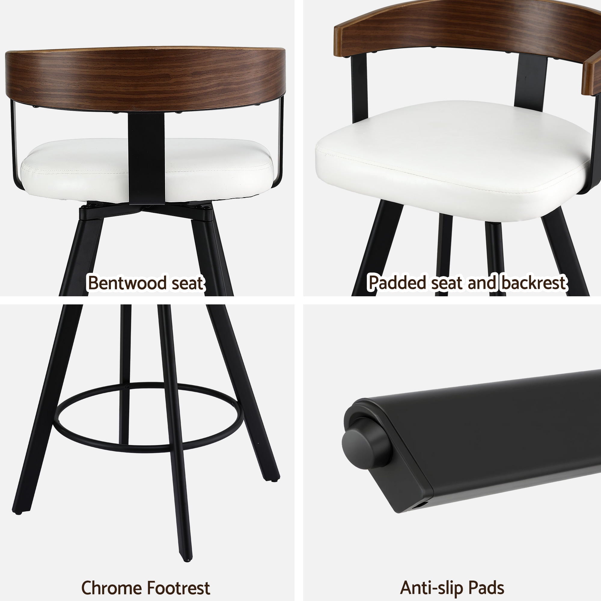 Table & Bar Stools: Artiss Bar Stool Swivel Metal Legs Kitchen Chair Bentwood Counter Leather White