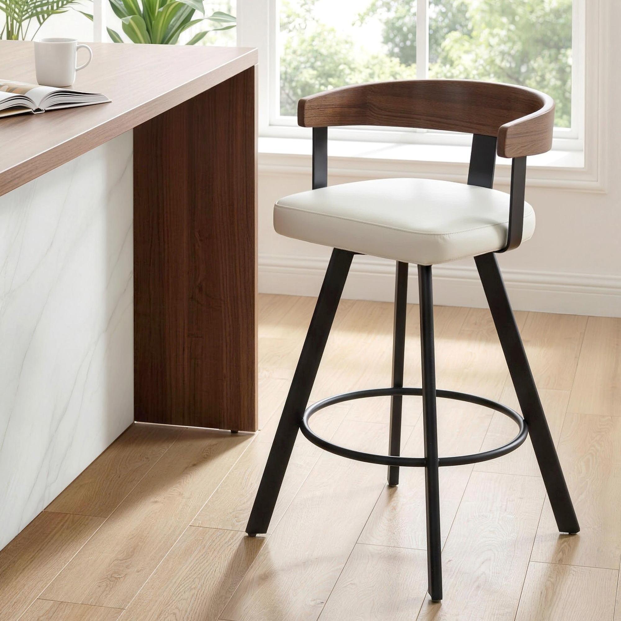 Table & Bar Stools: Artiss Bar Stool Swivel Metal Legs Kitchen Chair Bentwood Counter Leather White