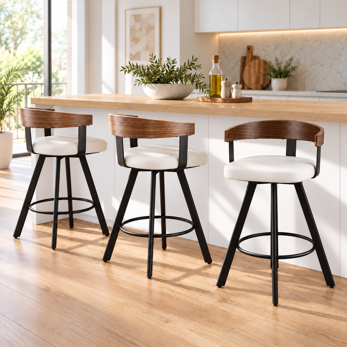 Artiss Bar Stools Set of 3 Swivel Counter Height Barstools with Bentwood Backrest PU Leather White