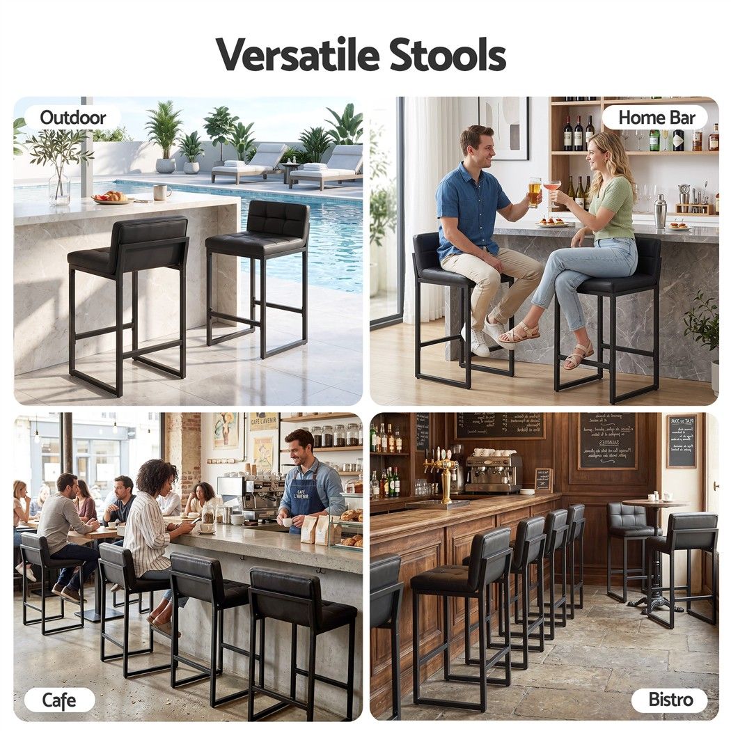 Artiss Bar Stools Set of 2 PU Leather Counter Chairs 65cm Seat Height with Low Back Black