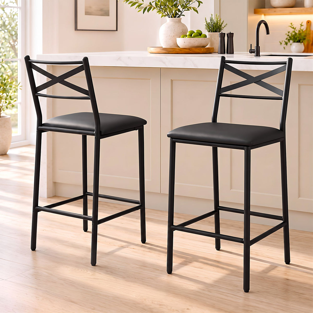 Artiss Bar Stools Set of 2 Counter 66cm Height Stools with Backrest, PU Cushioned Seat, Black