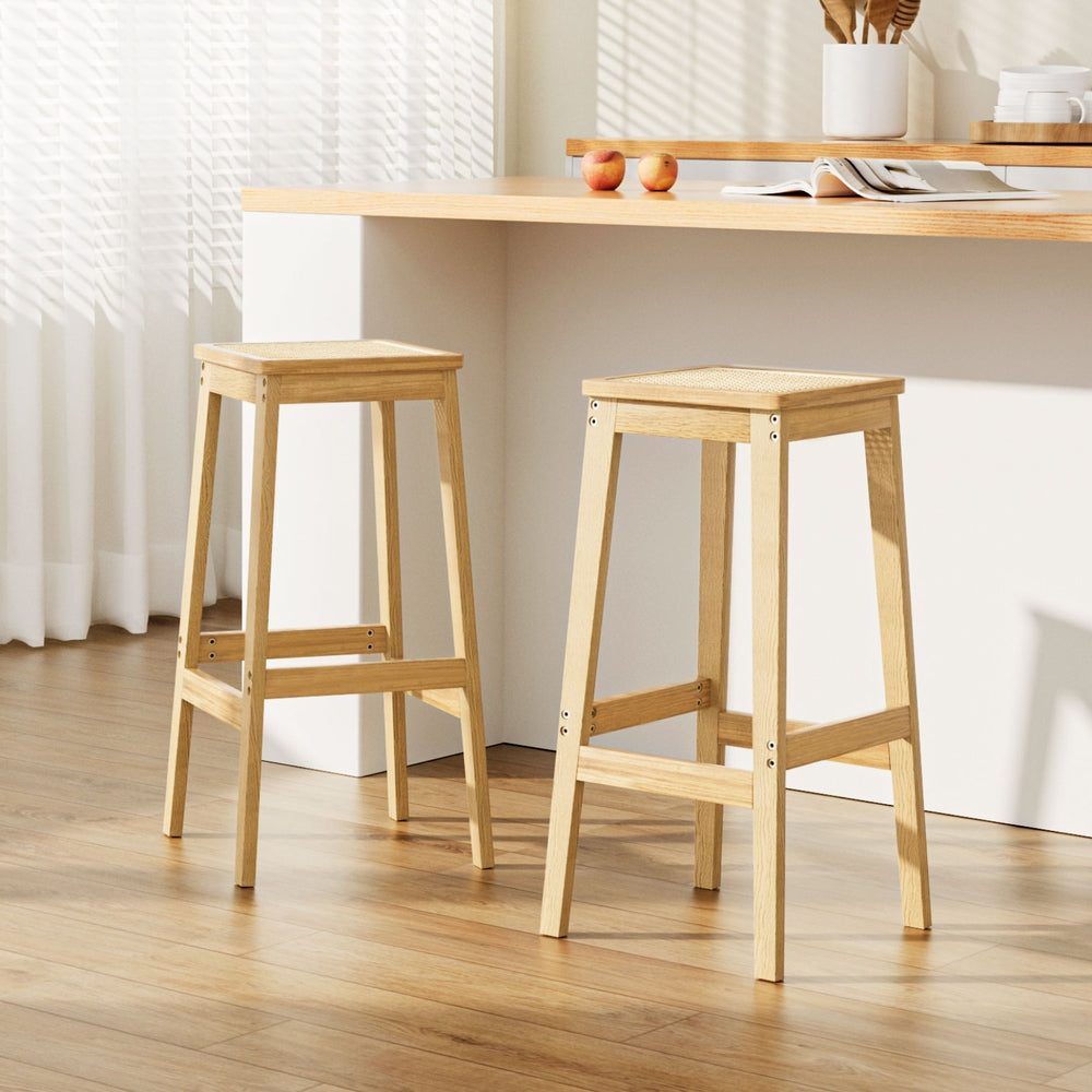 Table & Bar Stools: Artiss 2x Bar Stools Rubber Wood Stool Counter Chair Rattan Barstools Kitchen