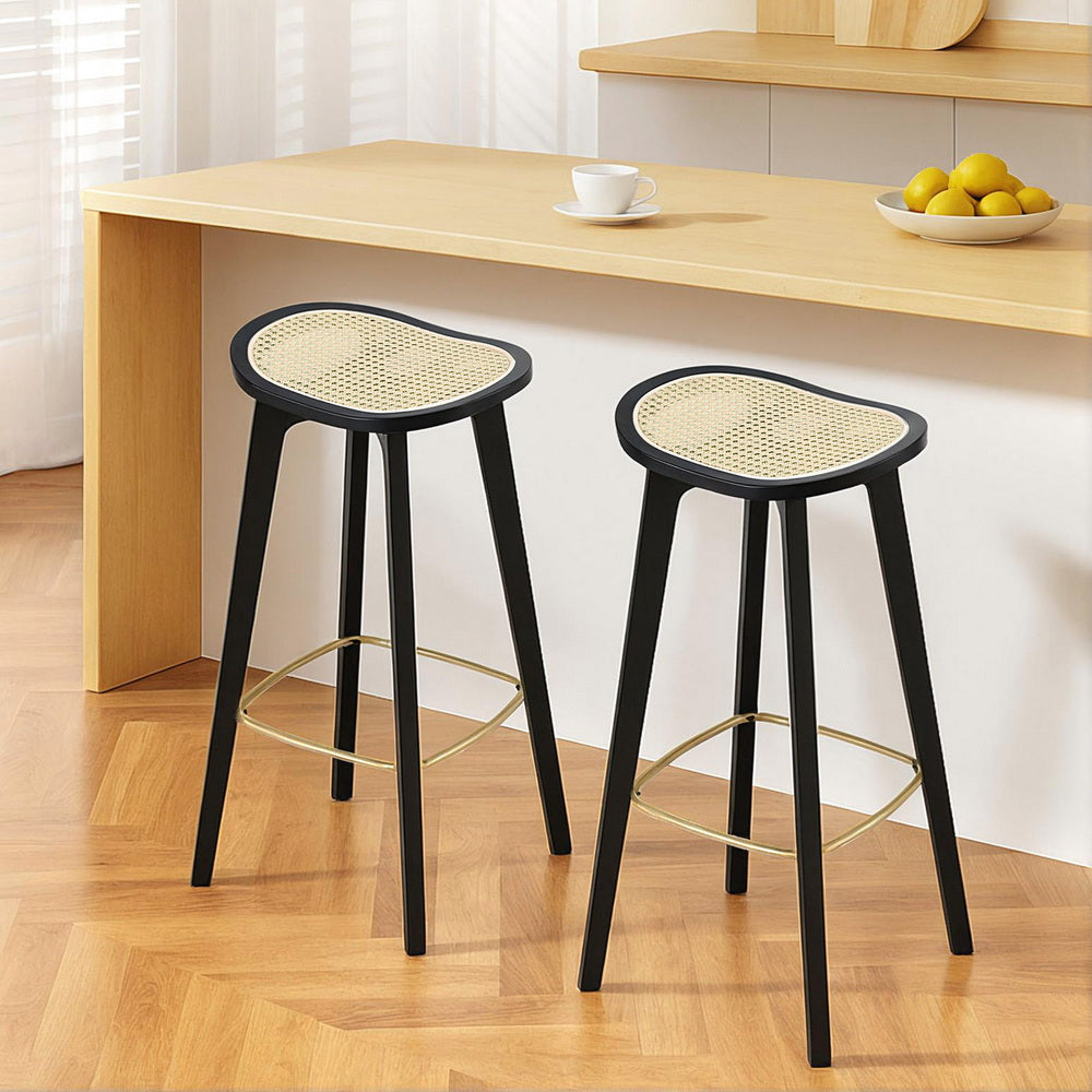 Table & Bar Stools: Artiss 2x Bar Stools Rattan Counter Kitchen Dinning Chair Bamboo Saddle Black