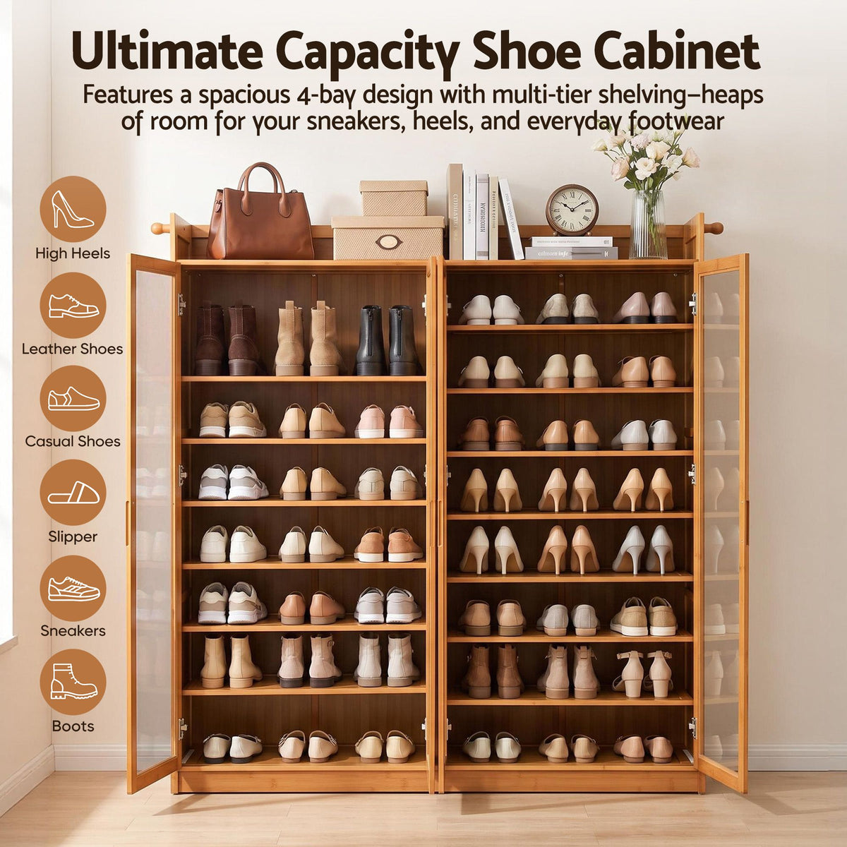Artiss Shoe Cabinet 25 Pairs Shoe Storage Cupboard Umbrella Hook Raised Top Edge Wood
