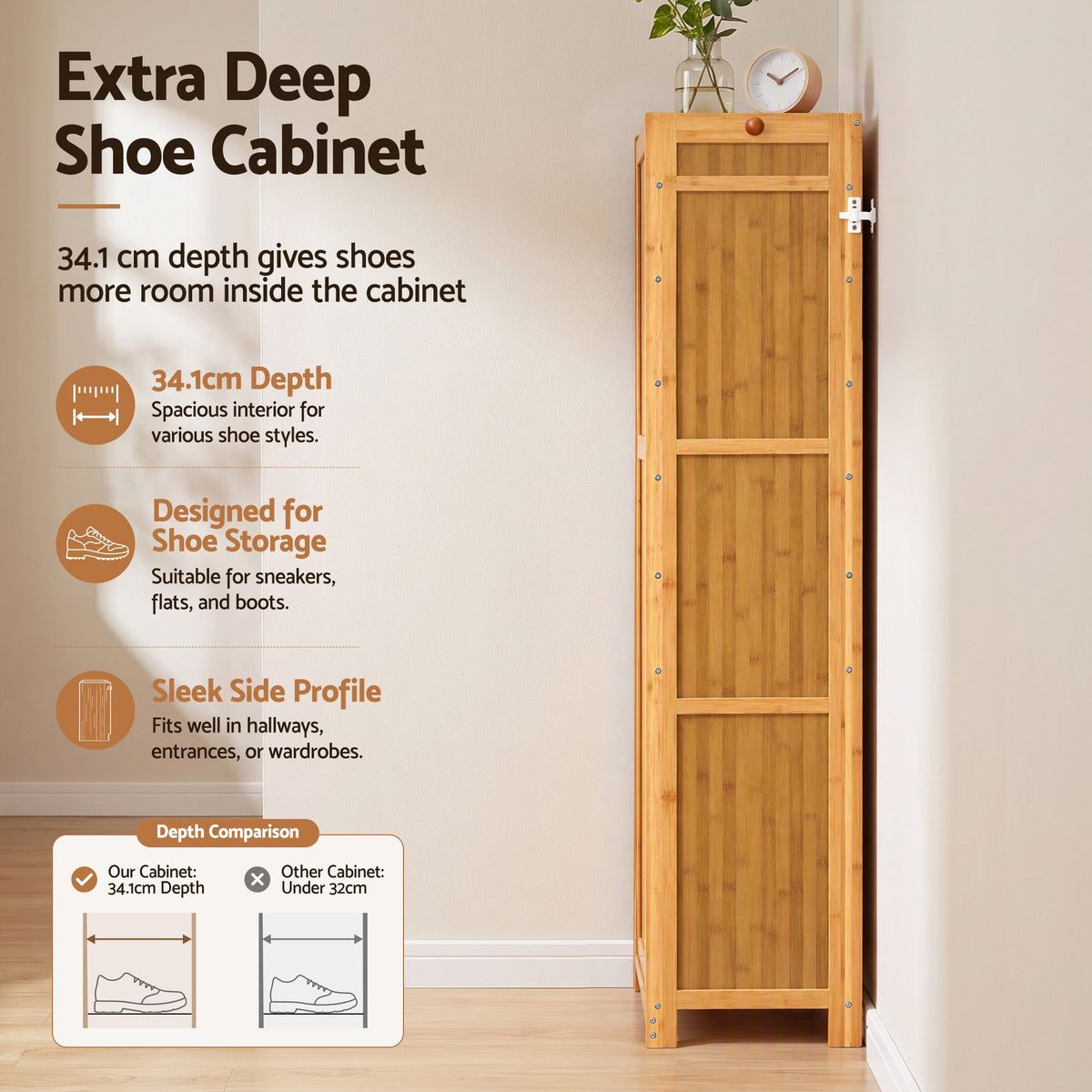 Artiss Shoe Cabinet 25 Pairs Shoe Storage Cupboard Umbrella Hook Raised Top Edge Wood