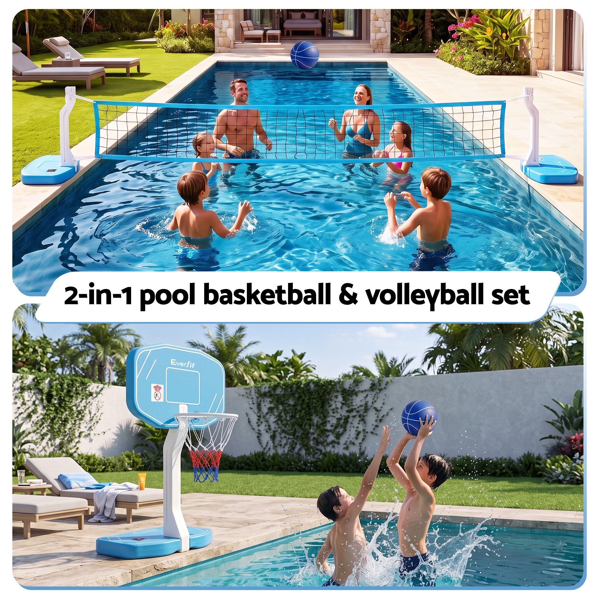 Everfit 2 in 1 Pool Basketball Hoop Volleyball Net Set Water Sports Game Combo Weighted Base Blue