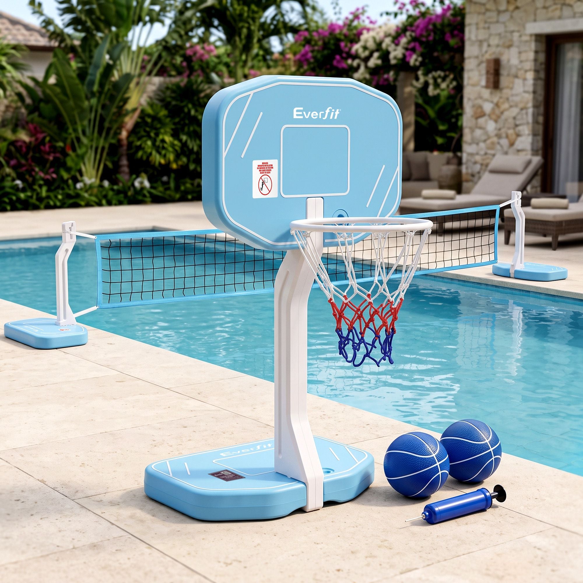 Everfit 2 in 1 Pool Basketball Hoop Volleyball Net Set Water Sports Game Combo Weighted Base Blue