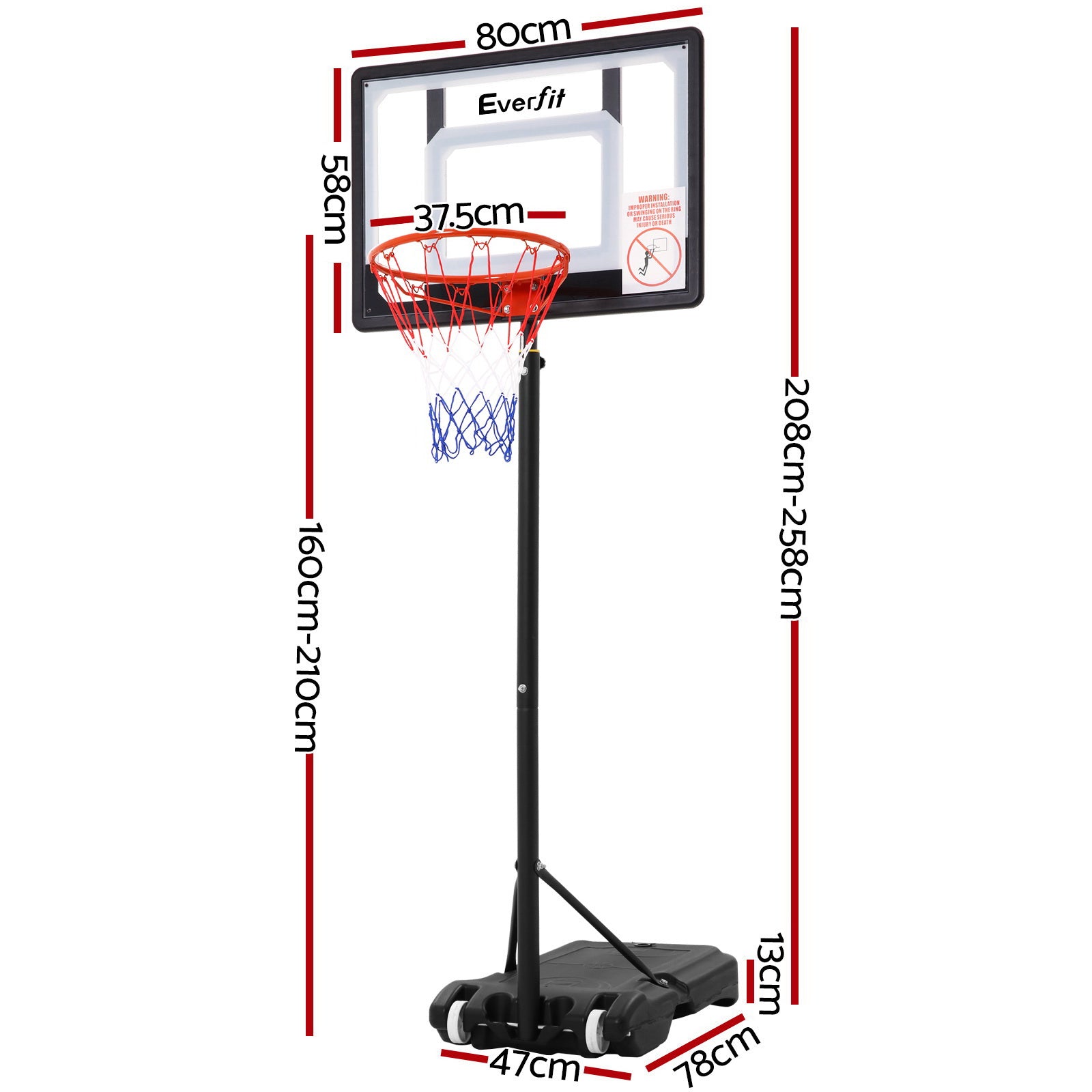 Basketball & Basketball Accessories: Everfit 2.1M Basketball Hoop Stand System Adjustable Portable Pro Kids Clear