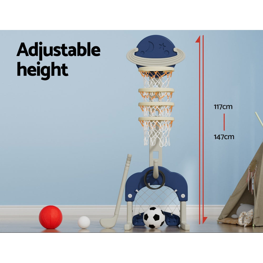 Basketball & Basketball Accessories: Keezi Kids Basketball Hoop Stand Adjustable 6-in-1 Sports Center Toys Set Blue