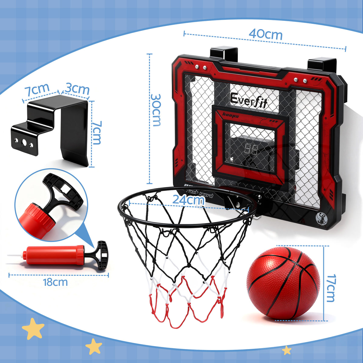 Everfit Mini Basketball Hoop Over Door Indoor LED Scoreboard Kids Set 40x30cm