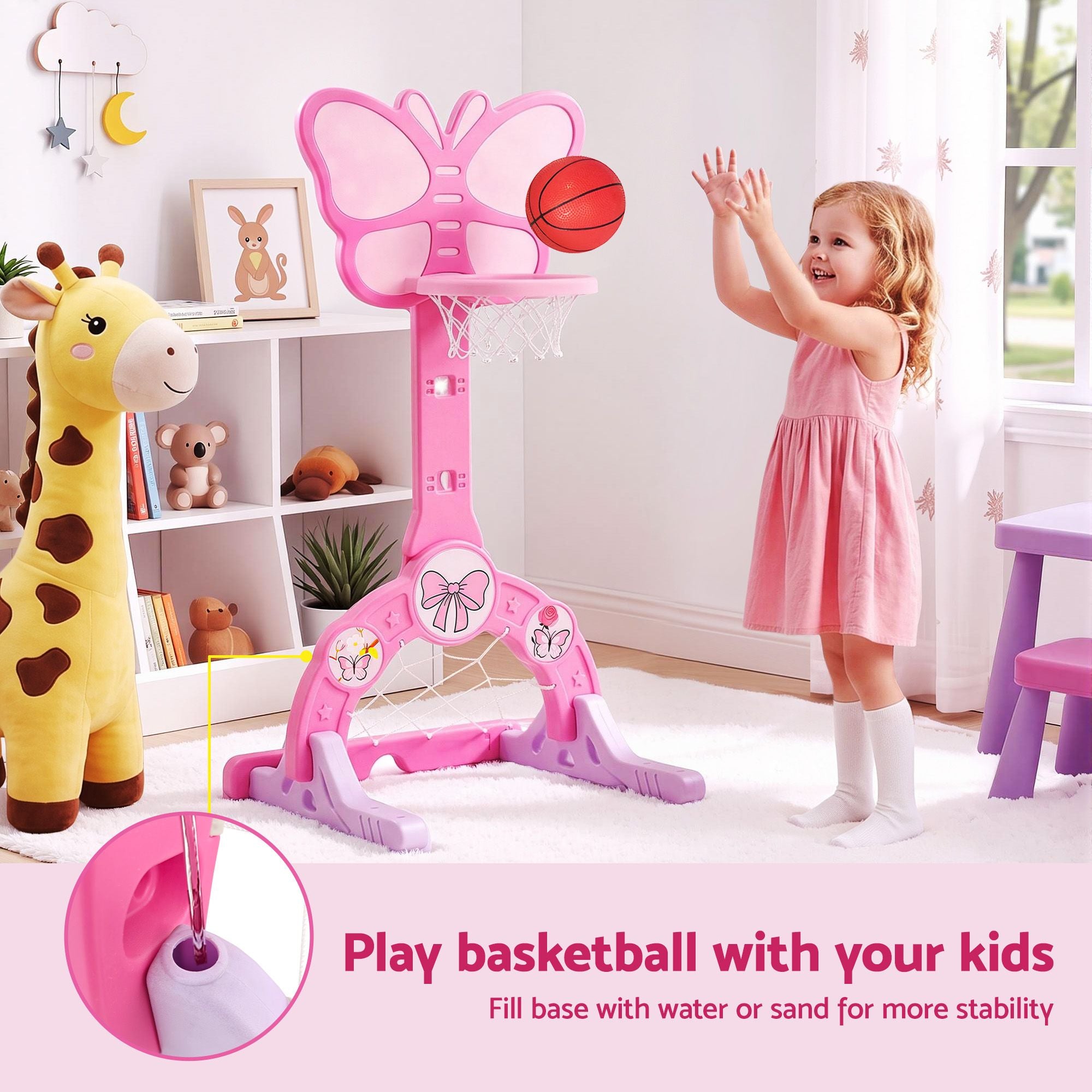 Keezi 3-in-1 Kids Basketball Hoop Soccer Goal Golf Game Set with Balls Pink