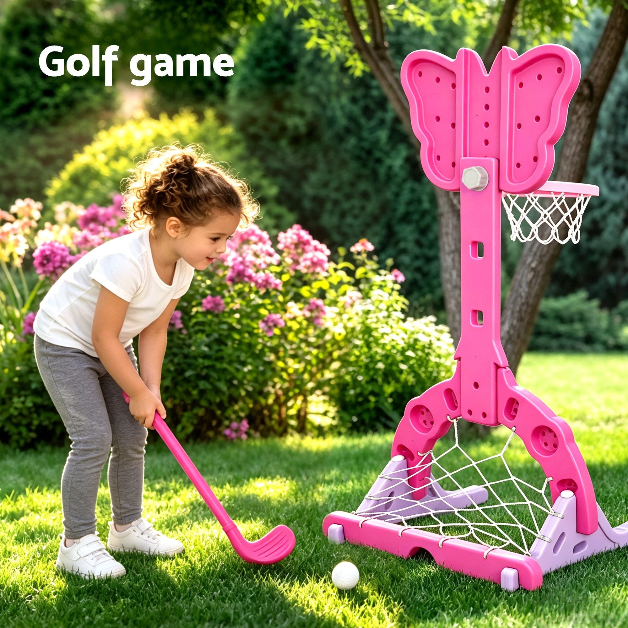 Keezi 3-in-1 Kids Basketball Hoop Soccer Goal Golf Game Set with Balls Pink
