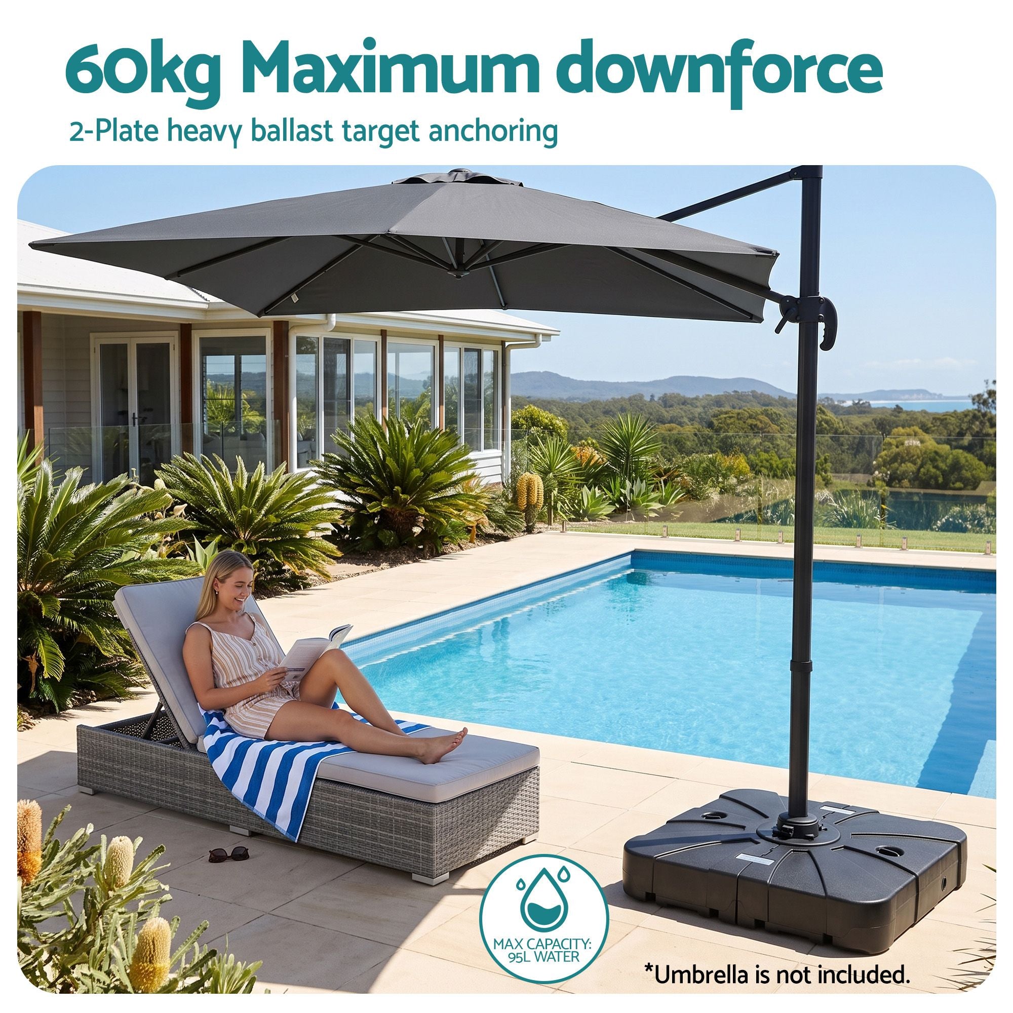Instahut Outdoor Umbrella Base 2 Fillable 60kg Cantilever Umbrella Base with Wheels 84cm