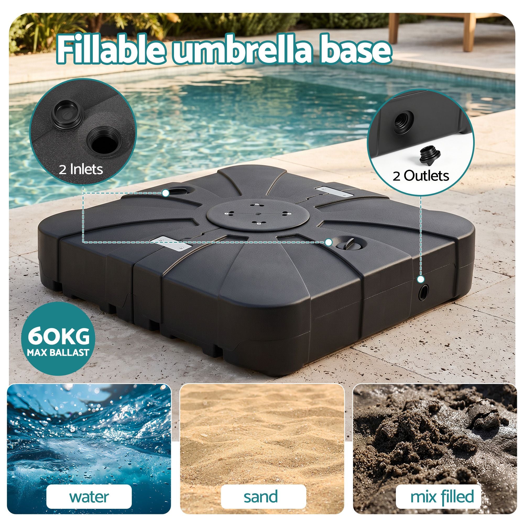 Instahut Outdoor Umbrella Base 2 Fillable 60kg Cantilever Umbrella Base with Wheels 84cm