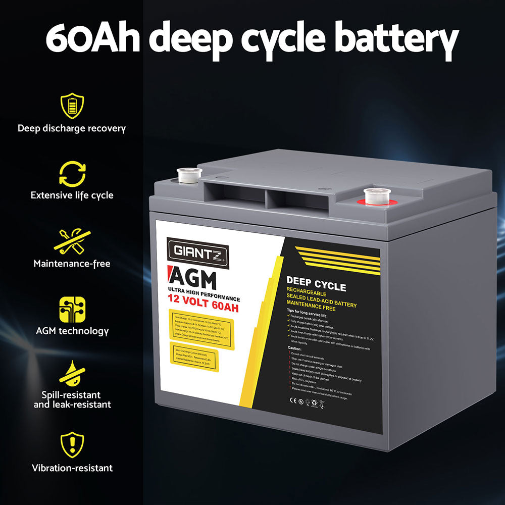 Batteries & Generators: Giantz AGM Battery 12V 60Ah Deep Cycle Box Portable Solar Caravan Camping
